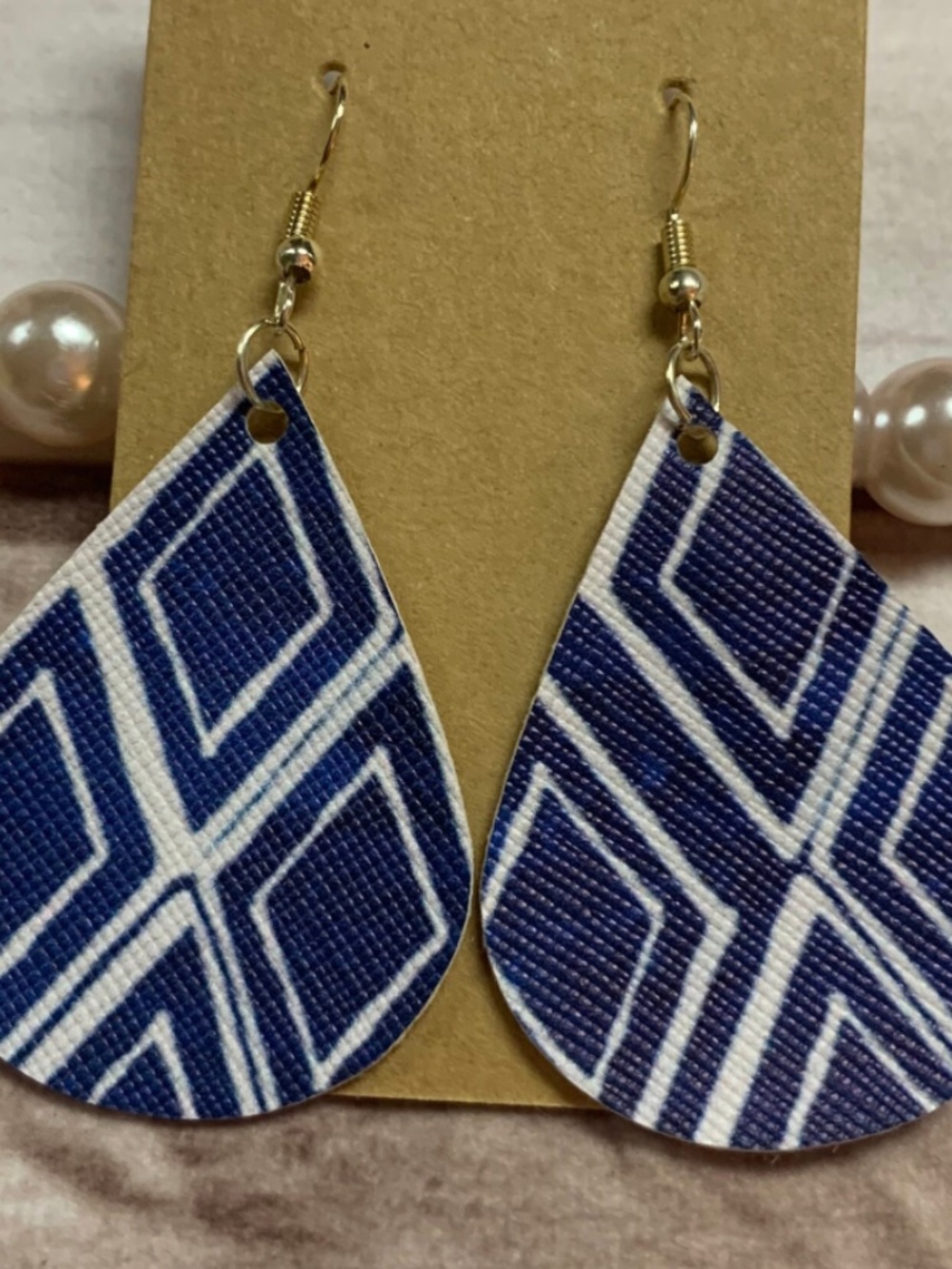 Blue & White Diamond Geometric Tear Drop Vinyl Handmade Earrings